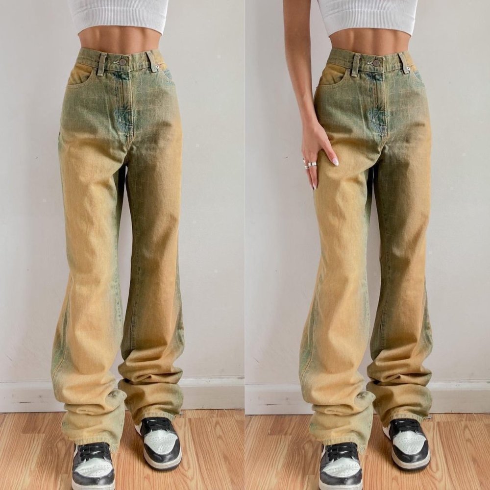 BDG High-Rise Wide Leg Jeans in Green and Tan Fade